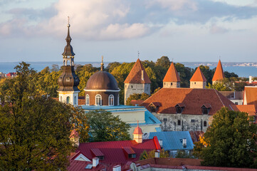 View of the Church of the Transfiguration of Our Lord and fortification towers in Tallinn