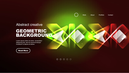 Abstract background landing page, geometric shape illuminated with glowing neon light on dark background. Futuristic city lights concept