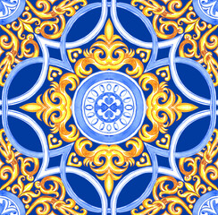 Ceramic tile design in blue and yellow colors. Sicilian seamless ornament. Baroque watercolor background. Hand drawn royal ornament. Mediterranean Italian print.