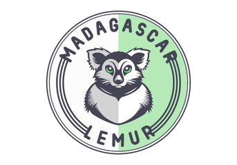 Vector round sticker. Portrait of a cute graphic Madagascar lemur. Logo or emblem. White isolated background.