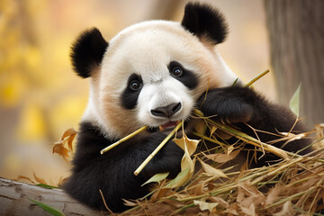 cute panda cub, eating bamboo