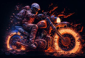 Watercolour abstract painting of an off-road motorcycle and rider where the motorbike is driving through fire and flames at an extreme sport event, computer Generative AI stock illustration image