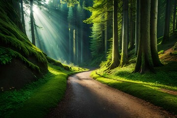 A serene forest with a sun-dappled path leading to a hidden waterfall.