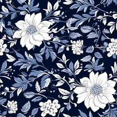 Seamless floral pattern, tileable blue and white country style print with flowers for wallpaper, wrapping paper, scrapbook, fabric and product design, generative ai
