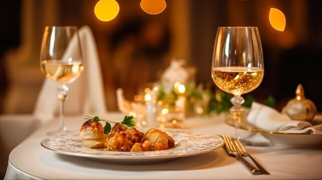 Luxury food service, main course served at a restaurant or formal dinner event in classic English style in the luxurious hotel or country estate, generative ai