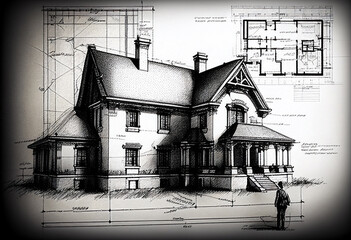 Architectural ink drawing design which is a blue print design by an architect for the construction plan of a luxury house for the construction industry, computer Generative AI stock illustration 