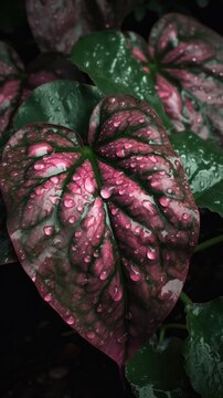 a photo of a bunch of calladium Leaf surrounded by drops of rain water generative ai