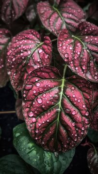 a photo of a bunch of calladium Leaf surrounded by drops of rain water generative ai