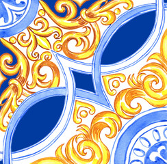 Ceramic tile design in blue and yellow colors. Sicilian seamless ornament. Baroque watercolor background. Hand drawn royal ornament. Mediterranean Italian print.
