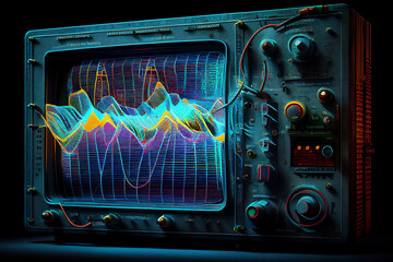 Audio soundwave scope signal as an abstract background depicting a sampled music sound wave frequency showing its amplitude, computer Generative AI stock illustration image