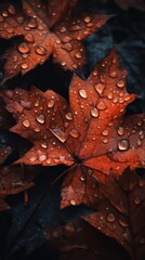 a photo of a bunch of mapel Leaf surrounded by drops of rain water generative ai