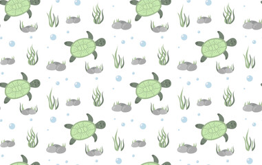 Fototapeta premium Marine seamless pattern with sea turtles, rocks and seaweed. Vector cartoon background for nursery fabric, paper, decor, toys and clothes. Cute baby illustration in pastel colors.