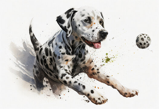 Dalmatian pet dog watercolour portrait painting of a canine purebred pedigree breed with black spots on a white fur body playing with a ball, computer Generative AI stock illustration image