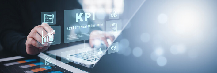 Key Performance Indicator Planning KPI, Company Management Business Internet Technology Concept, Businessman using a laptop with document management, enterprise resource management software system