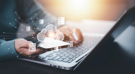 Business people using laptop with cloud computing system , Storage and data transfer Cloud network, Cloud technology. Networking and internet service, sharing download and upload and internet service
