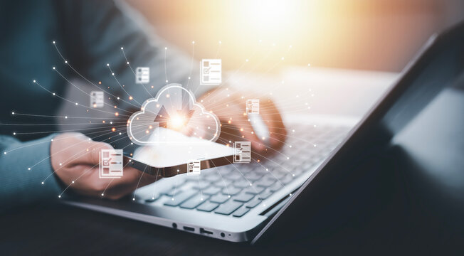 Business people using laptop with cloud computing system , Storage and data transfer Cloud network, Cloud technology. Networking and internet service, sharing download and upload and internet service