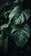 a photo of a bunch of monstera Leaf surrounded by drops of rain water generative ai