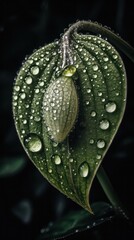 a photo of a bunch of slipper orchid Leaf surrounded by drops of rain water generative ai