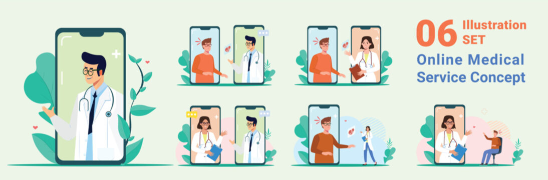 Virtual Doctor and patients, online consultation via smartphone illustration collection set , Happy doctor Online treatment set , Virtual medical service concept Flat style illustration collection