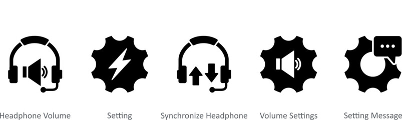 A set of 5 Contact icons as headphone volume, setting, synchronize headphone,