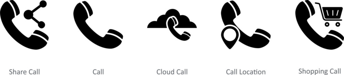 A set of 5 Contact icons as share call, call, cloud call, call location