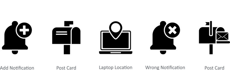 A set of 5 Contact icons as add notification, post card, laptop location