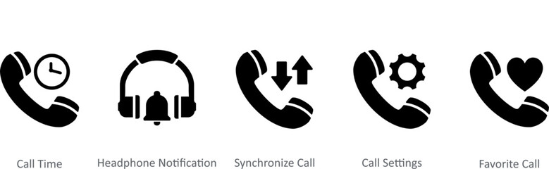 A set of 5 Contact icons as call time, headphone notification, synchronize call
