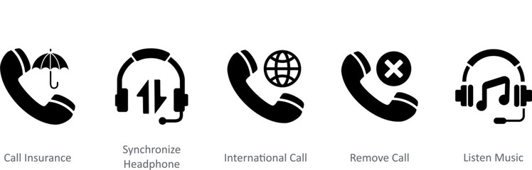 A set of 5 Contact icons as call insurance, synchronize call, international call