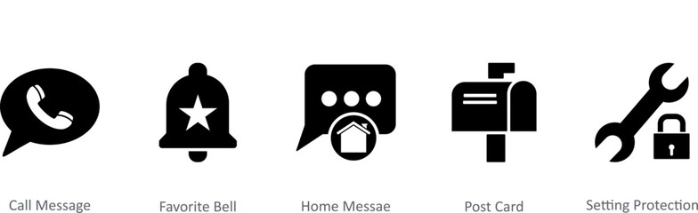 A set of 5 Contact icons as call message, favorite bell, home message