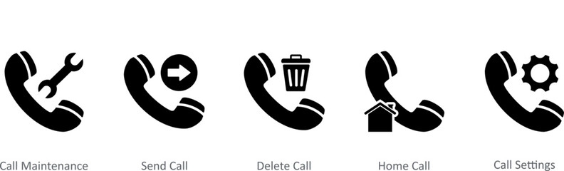 A set of 5 Contact icons as call maintenance, send call, delete call