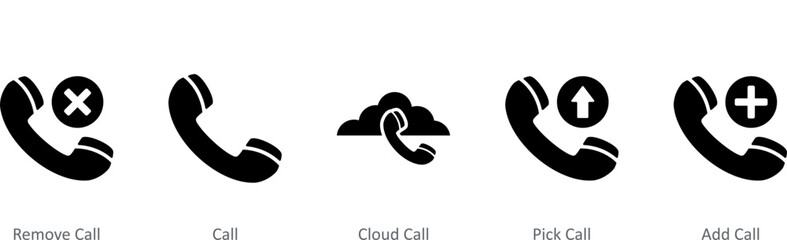 A set of 5 Contact icons as remove call, call, cloud call