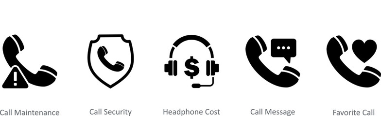 A set of 5 Contact icons as call maintenance, call security, headphone cost