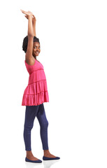 Happy, portrait of a black child with her arms in the air and isolated against a transparent png...