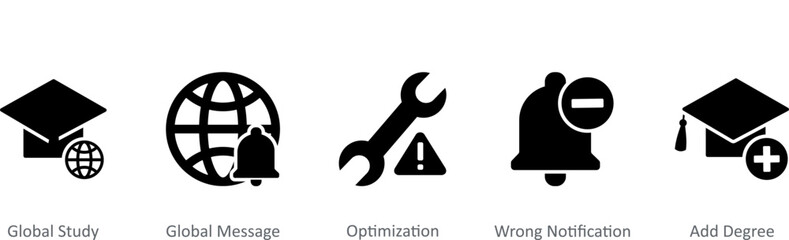 A set of 5 Contact icons as global study, global message, optimization