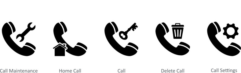 A set of 5 Contact icons as call maintenance, home call, call, delete call