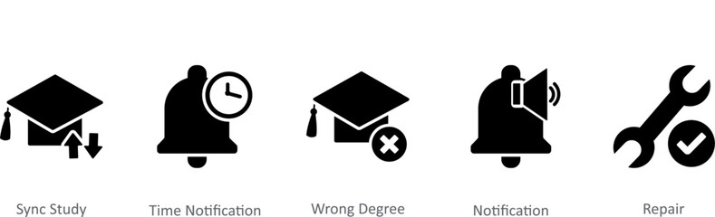 A set of 5 Contact icons as sync study, time notification, wrong degree