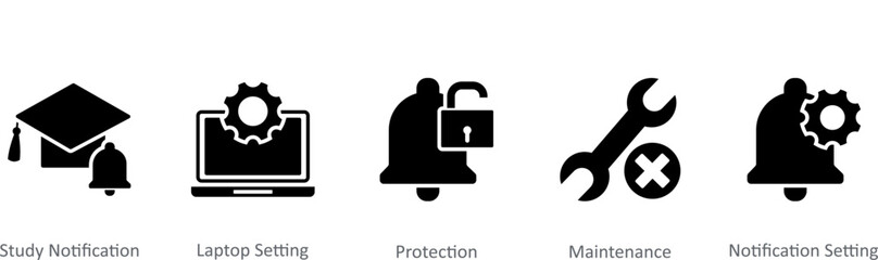 A set of 5 Contact icons as study notification, laptop setting, protection