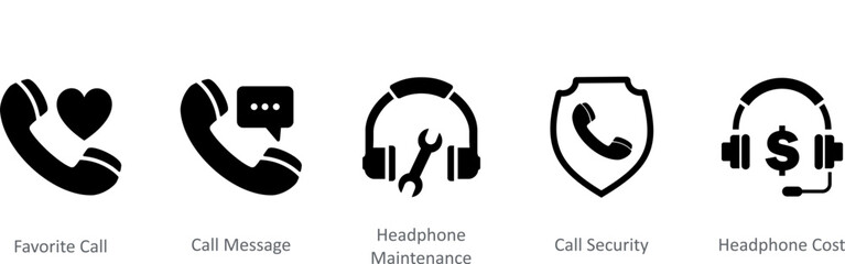 A set of 5 Contact icons as headphone location, synchronize headphone, international music