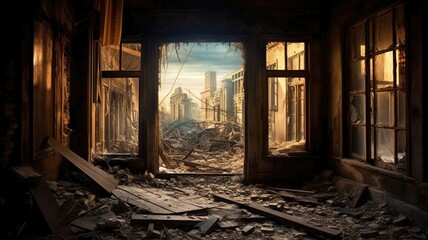 Fototapeta na wymiar Broken windows frame a world of decay, where shadows dance and memories fade into dust. Generative AI