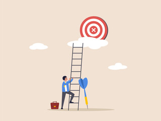 Career development concept. Dream big aim high, ambition and challenge to success in business, motivation to achieve big goal or target, ambitious businessman hold dart aim high at target on the cloud