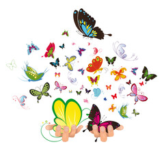 Hands releasing butterflies. Vector illustration - 613779552