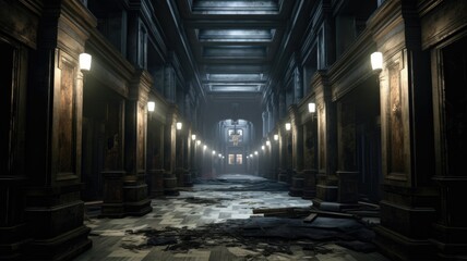 Fototapeta premium Labyrinth of empty corridors echoes with the whispers of a forgotten past. Haunting visitors who dare to tread its paths. Generative AI