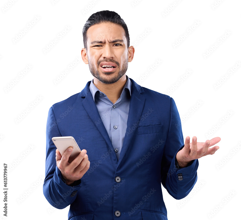 Poster confused, frustrated and business man with phone notification, internet or mobile app. angry asian p
