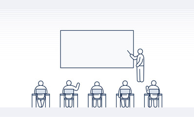 teacher and students in the classroom scene. Instructor standing in front of whiteboard and back view of sitting people. editable stroke line icons.