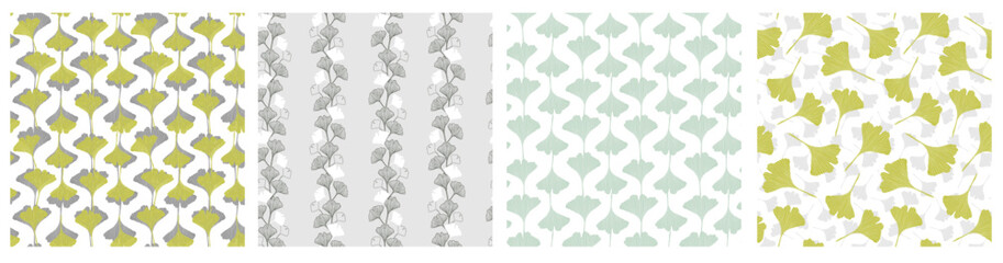 Gingo leaves seamless pattern set. Japanes style background with greenery
