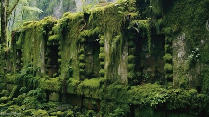 Moss covered walls bear witness to the passage of time, nature reclaiming what was once man made. Generative AI