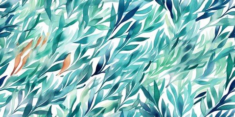 Background with leaves, watercolor, blue and green
