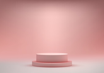 3D realistic empty pink podium stand pedestal on pink background