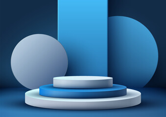 3D realistic empty blue and white podium steps stand with blue circle backdrop minimal wall scene on dark blue background