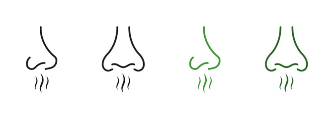 Nasal Odor Sniff Pictogram Set. Human Nose Smells Linear Symbol Collection. Nose Loss Sense, Smell, Scent Line Icons. Bad Aroma, Breath Air Outline Black and Color Signs. Isolated Vector Illustration